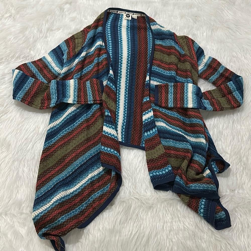 Roxy blue brown reverse knit cardigan sweater size xs new